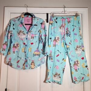 Nick & Nora 2 Piece Pajama Set Sock Monkey Novelty Graphic Cotton Small